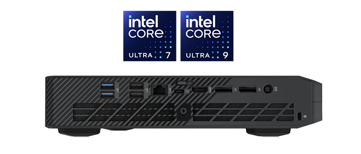 Scorpion Canyon NUC 14 Performance Back-view Product Image with Intel Core Ultra 7 & 9 Badges